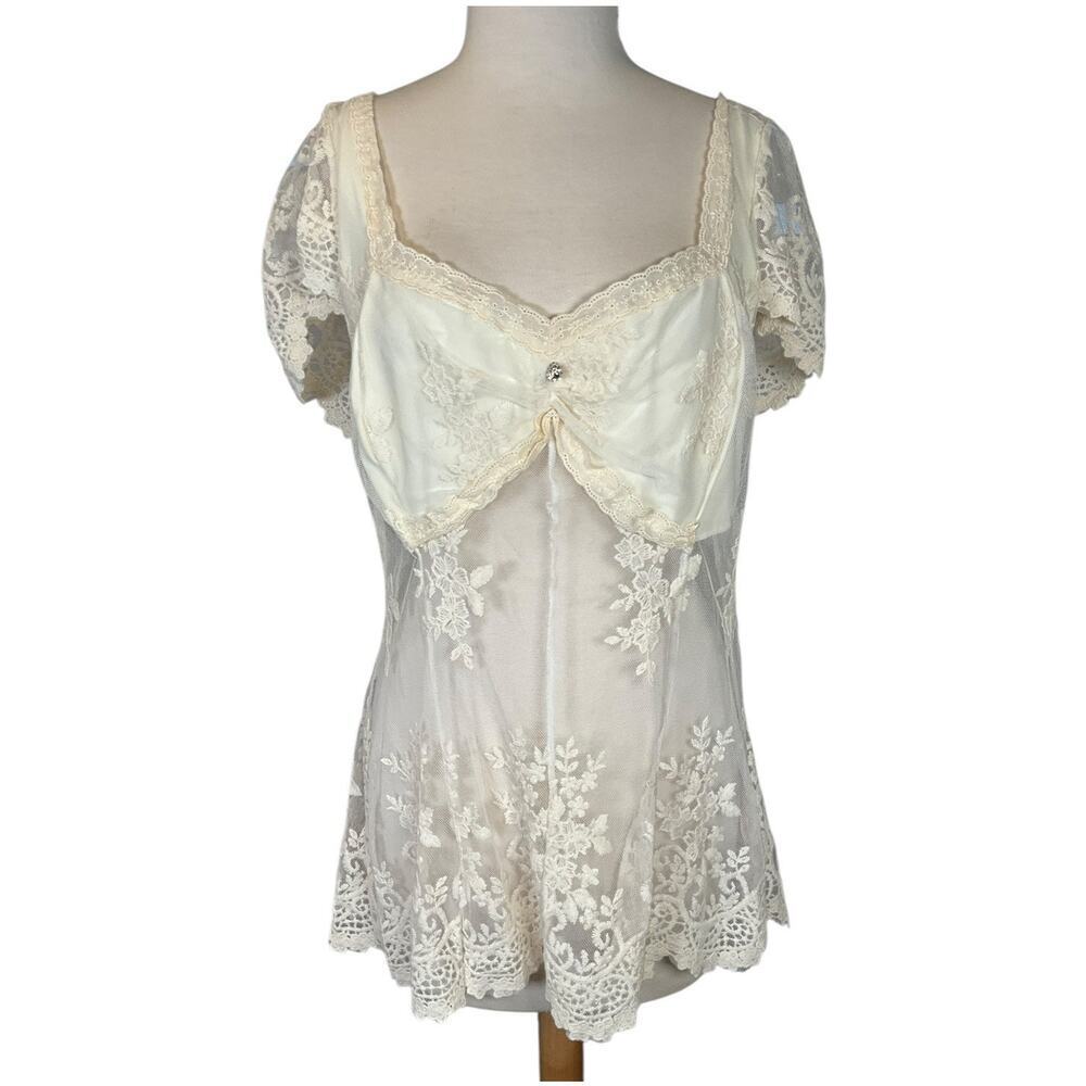 Coquette Plus 4X Ivory Lace Sheer Babydoll Blouse Romantic Cottagecore Flutter